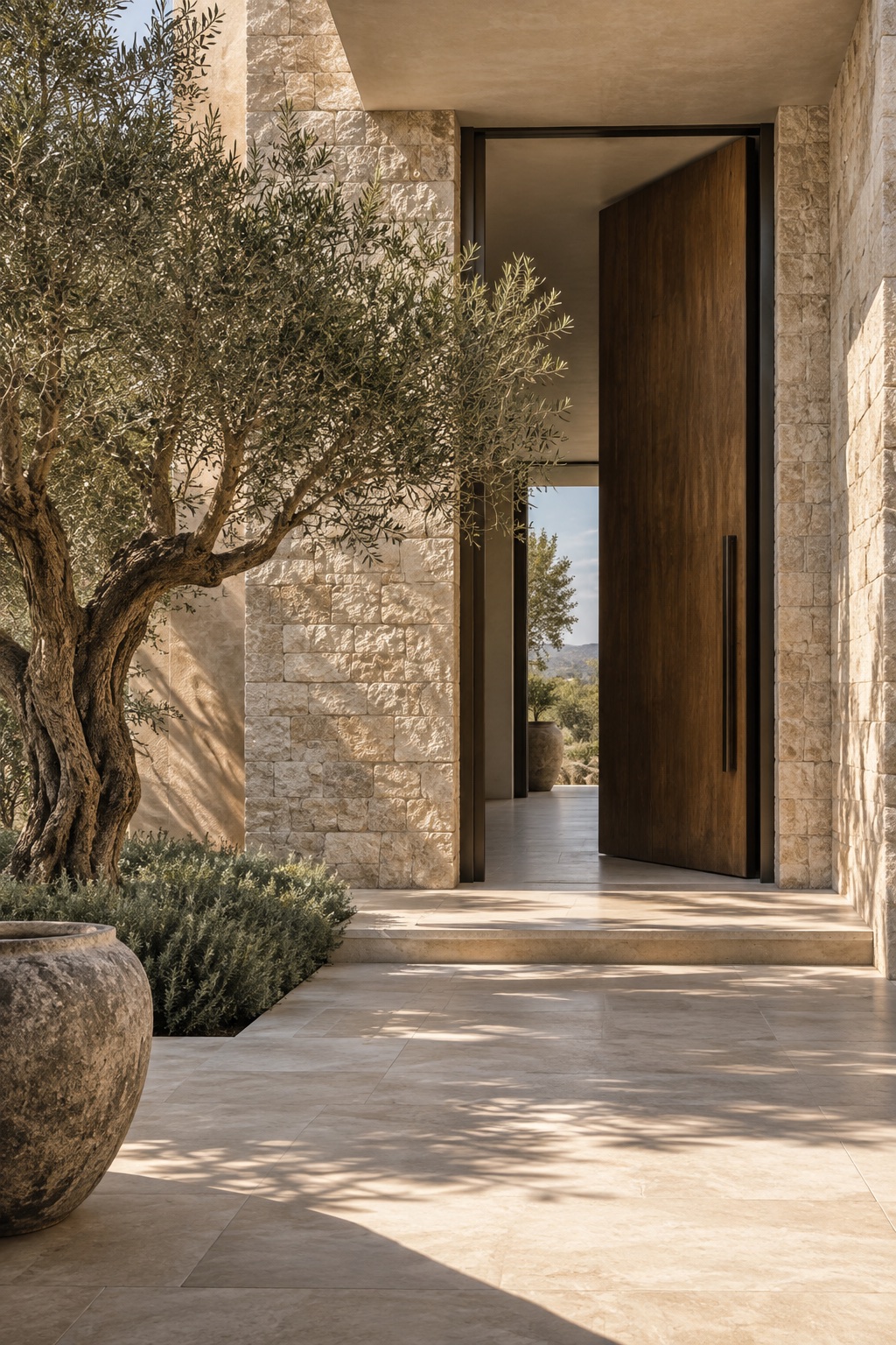 An open wooden door and olive tree in a sunlit stone courtyard